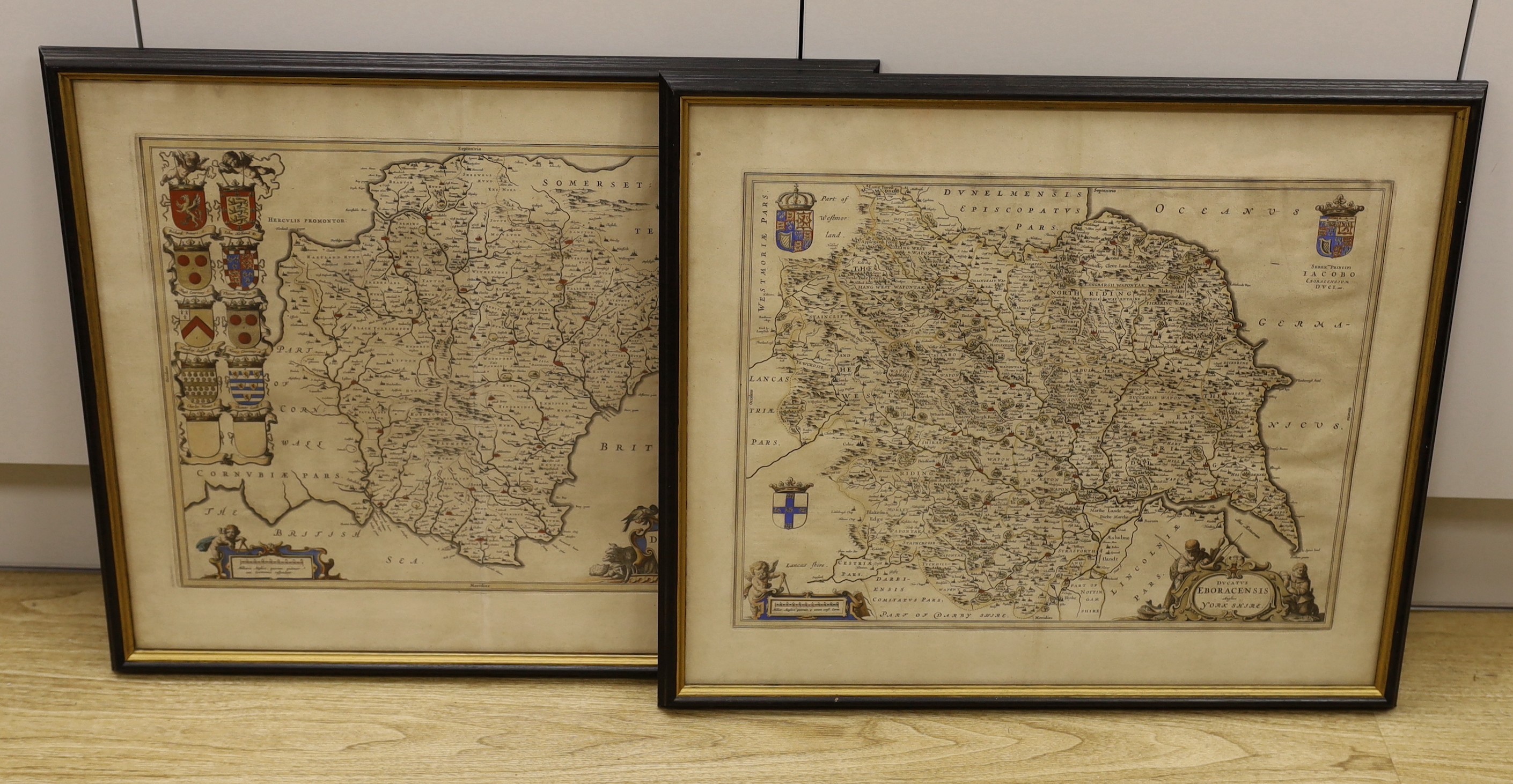 Johannes Blaeu, two coloured engravings, Maps of Devonia and Eboracensis (Yorkshire), overall 50 x 58cm (later impressions)